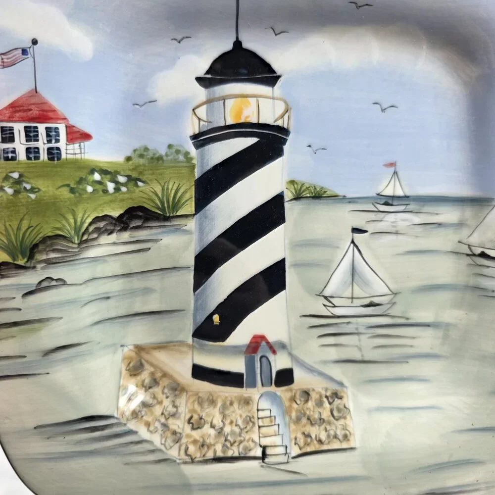 TWO Sakura Nantucket Shoreline Square Salad Plates Lighthouses, Birds Grass
